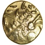 Great Waltham. Sills British Ab1, class 3, dies 14/27. c.54 BC. Celtic gold stater. 19mm. 6.48g.