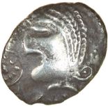 Mossop Proto Head. Talbot Large Flan A, dies F/12.c.50-40 BC. Celtic silver unit. 13-16mm. 1.27g.