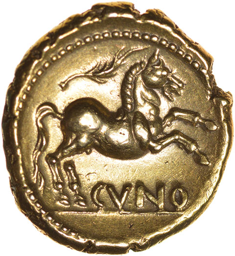 Cunobelinus Classic. Arc Stem Type. c.AD 8-41. Celtic gold stater. 17mm. 5.46g. - Image 2 of 2