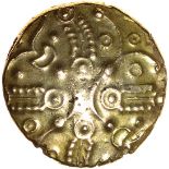 Andoco Phallic Bucranium. Sills class 1, dies 1/4. c.20-1 BC. Celtic gold stater. 18mm. 5.51g.