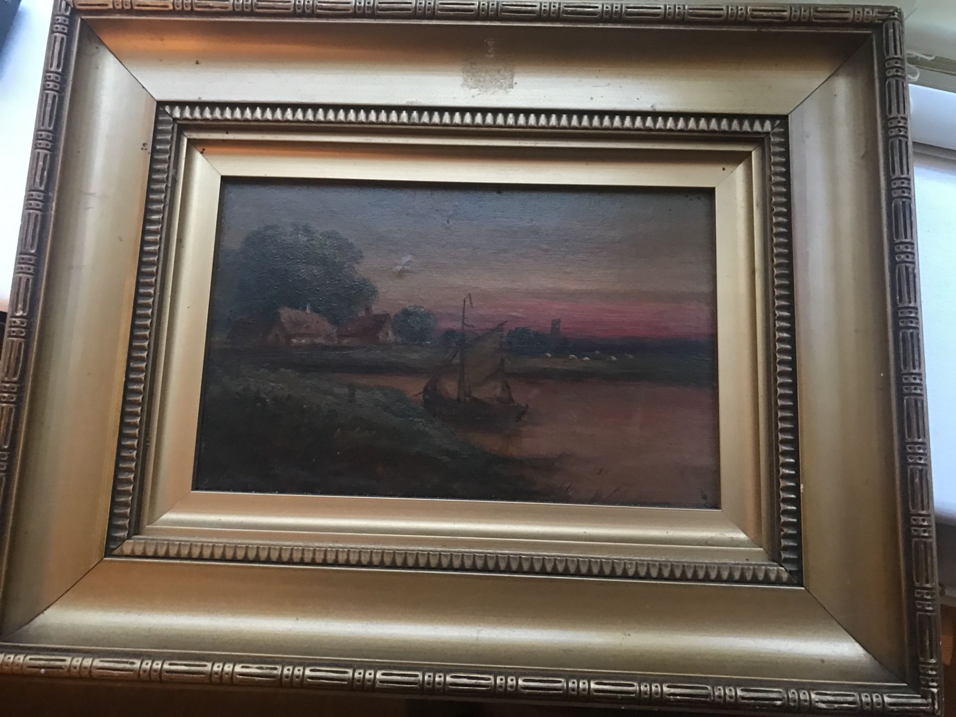 OLD FRAMED PAINTING OF A RIVER SCENE