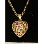 9ct GOLD SAPPHIRE & RUBY HEART PENDANT & CHAIN
