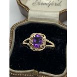 9ct GOLD AMETHYST & DIAMOND SET RING