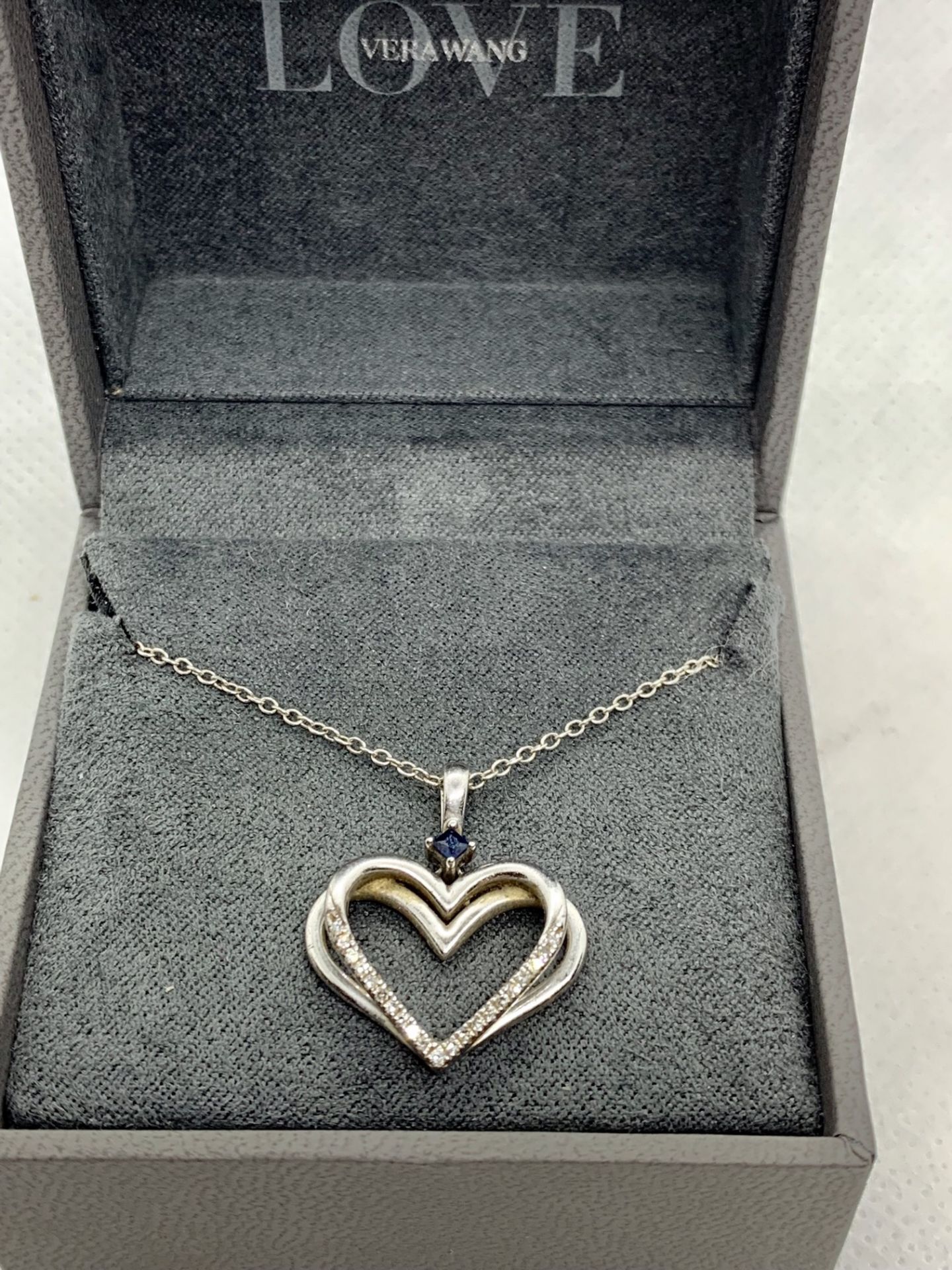 VERA WANG "LOVE" SAPPHIRE & DIAMOND SET SILVER NECKLACE & CHAIN