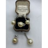 14ct WHITE GOLD PEARL & DIAMOND SET INC EARRINGS, RING AND 2 x PENDANTS