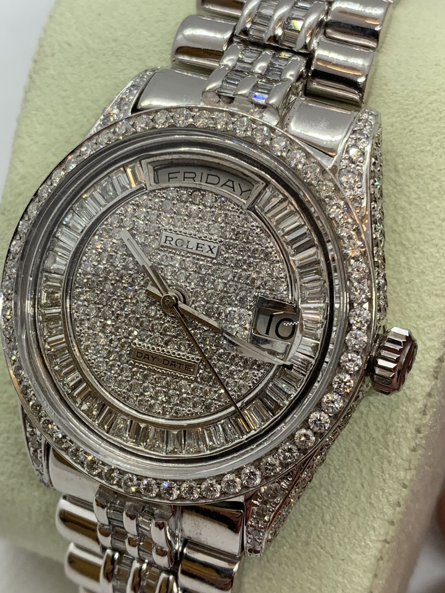 Diamond Encrusted Mens 36mm Day-Date, Solid White Gold - Diamond/ “Super President” Marked ROLEX