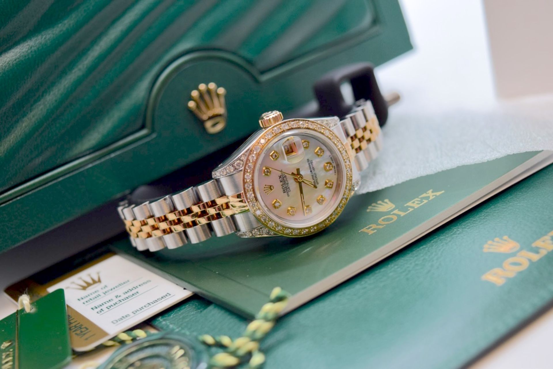 *Diamond Encrusted* 18k Gold/ Steel Rolex Lady DateJust - Pearl Diamond Dial, Bezel & Shoulders