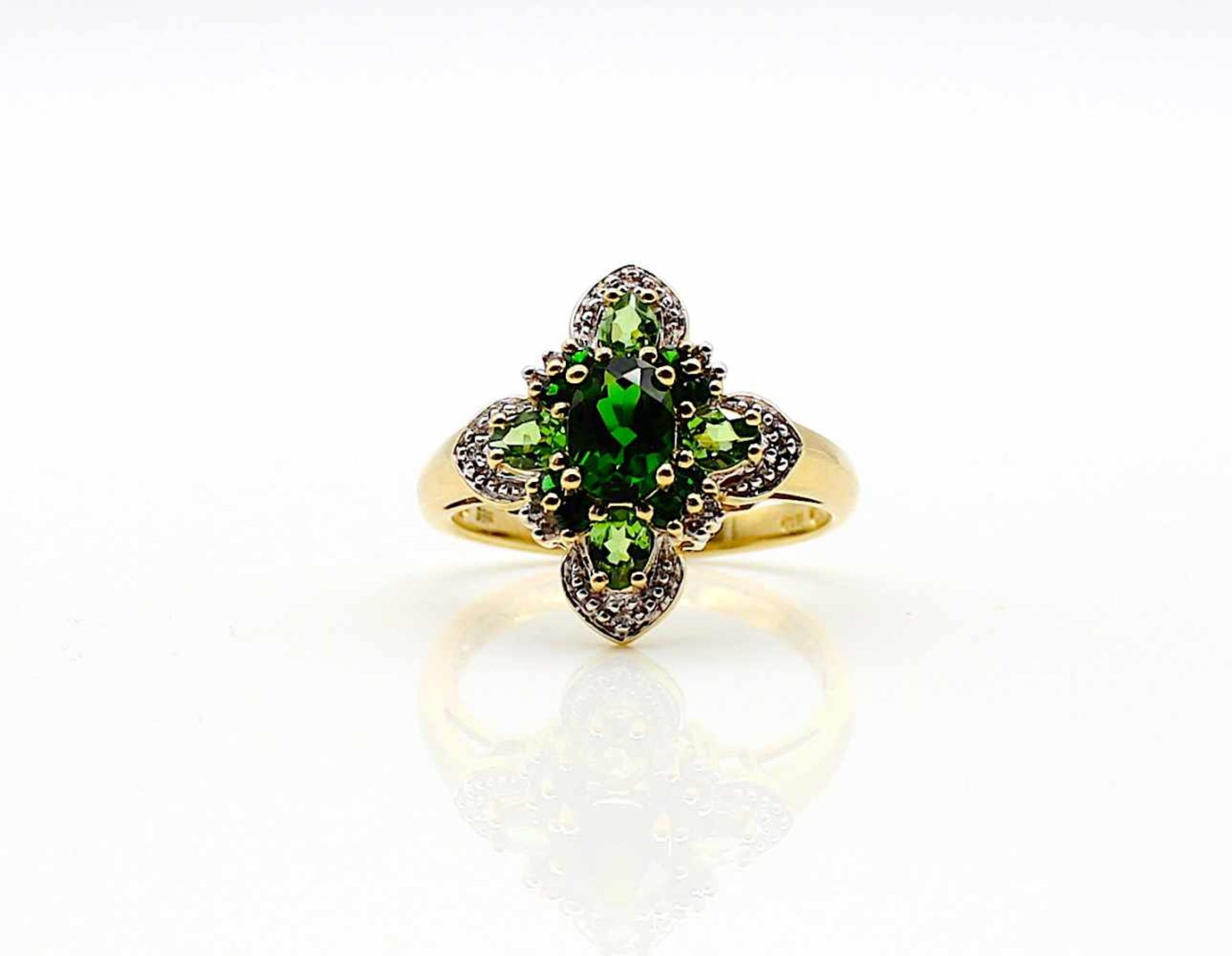 Ring 585 Gold mit kl. Diamanten, 5 Diopside und 4 grüne Granate, 4,9 g, Gr. 59