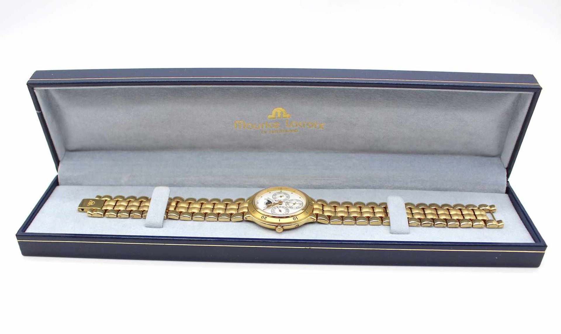 Herrenarmbanduhr Maurice Lacroix Gold plated Quarz mit Mondphase 35199