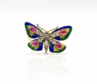 Zauberhafte Schmetterlingsbrosche Ein Unikat aus 750er Gold zum Teil emailliert, 4 Rubin