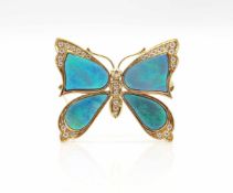 Leuchtender Schmetterling aus 750er Gold mit 4 Opal-Tripletten im Glattschliff und 31 Brillanten,