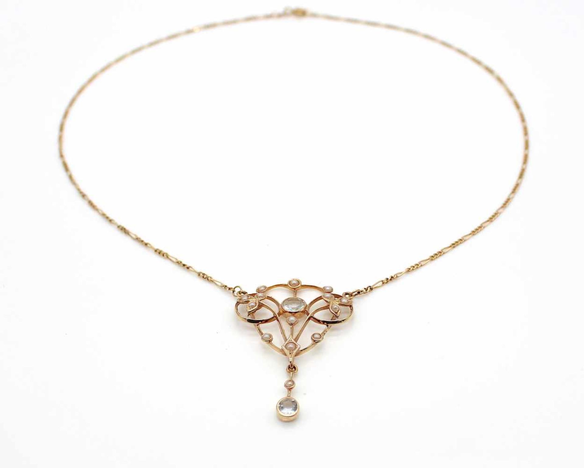 Collier aus 585er Gold mit 2 Aquamarinen und Perlen-Imitationen.Gewicht 5,5 g, Kettenlänge 42 cm , - Bild 2 aus 3