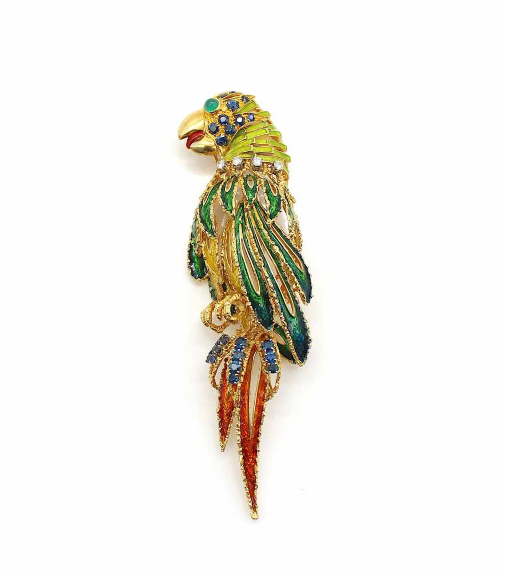 Pendant / brooch in 750 gold with enamel, chrysoprase, 0.3 ct, 20 sapphires, approx. 1.71 ct and