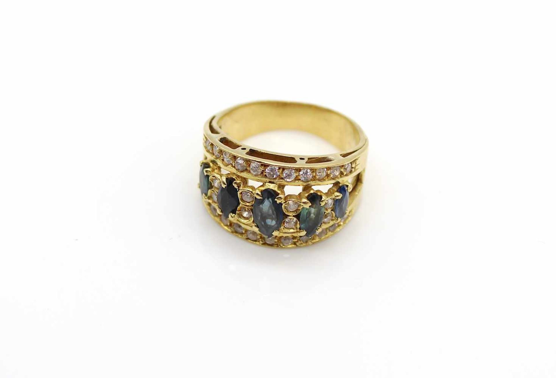 Ring tested for 750 gold with sapphires and cubic zirconia.Weight 9.6 g, size 58- - -15.00 % buyer's - Bild 2 aus 3