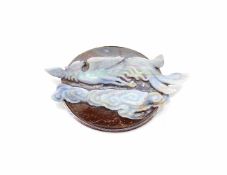 1 brooch in tested 585 white gold with a boulder opal in the shape of a phoenix. The end piece of