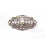 Brooch tested for platinum with one cultured pearl 8.7 mm, 18 round old-cut diamonds and 26 rose-cut