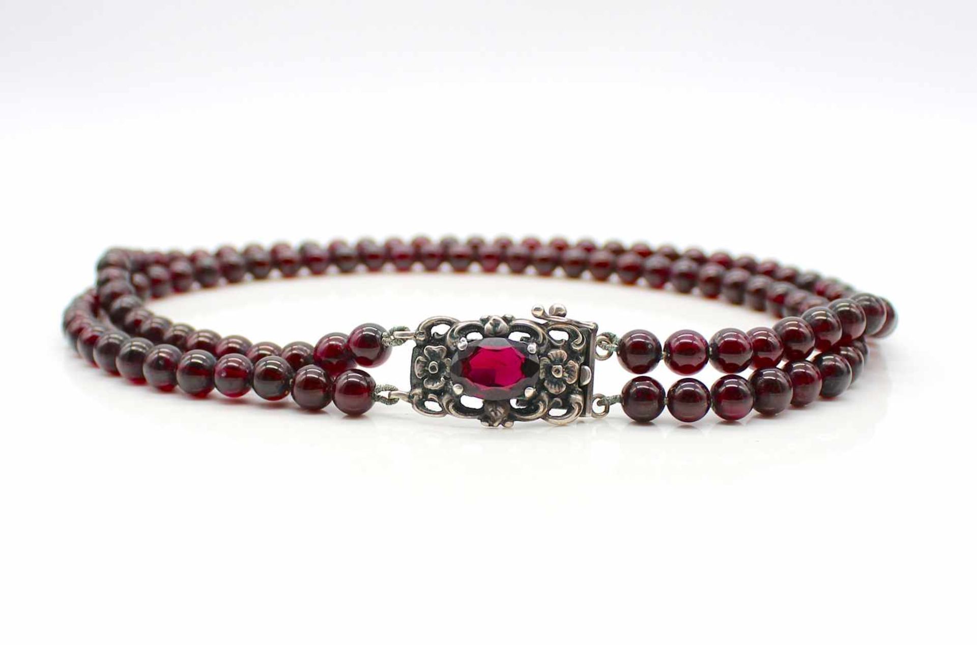 Chain with 2 rows of garnet balls and a lock tested for silver.weight 82,9 g, length approx. 40