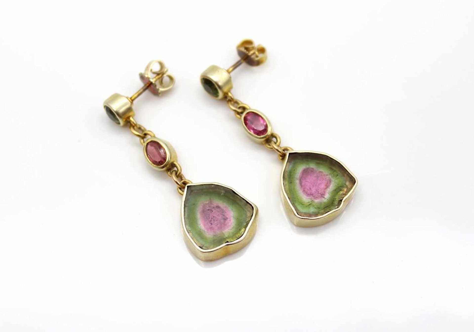 1 Paar Ohrringe aus 585er Gold, sig. Möller, mit je einem “Wassermelonen-Turmalin“, 2 pinken - Bild 2 aus 2
