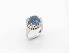 Ring in 585 white gold with a triplet of synthetic opal and 18 brilliant-cut diamonds, total approx.