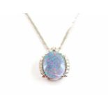 Necklace in 585 white gold with an opal triplet and 13 diamonds, total approx. 0.50 ct, high