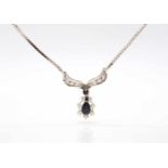 Necklace in 585 white gold with 2 sapphires, total approx. 0.70 ct and 13 brilliant and octagonal-