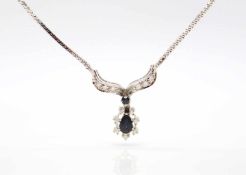 Necklace in 585 white gold with 2 sapphires, total approx. 0.70 ct and 13 brilliant and octagonal-