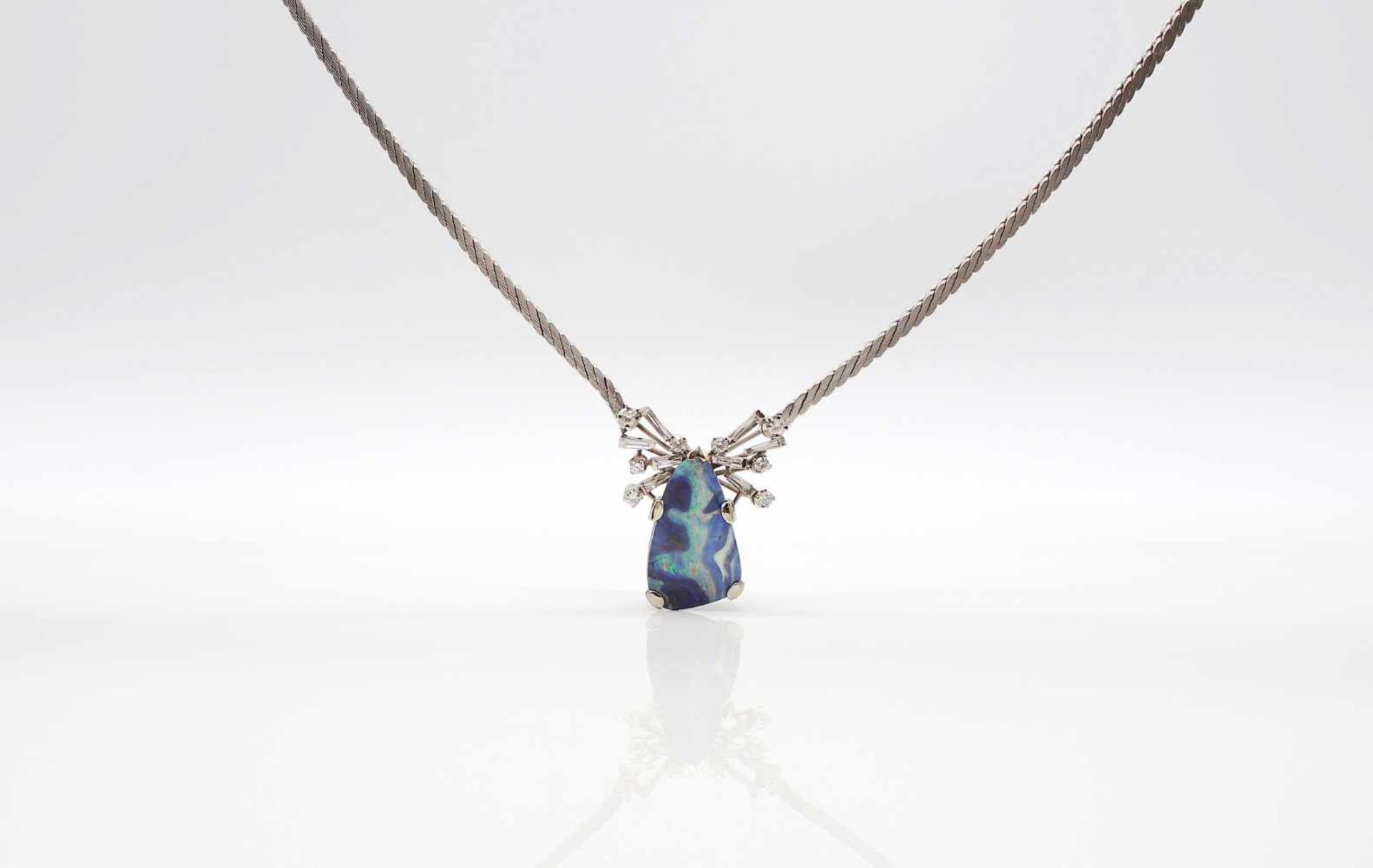 750 white gold necklace with a boulder opal, 21 x 13.5 mm and 16 diamonds, total ca. 0.50 ct. - Bild 3 aus 4