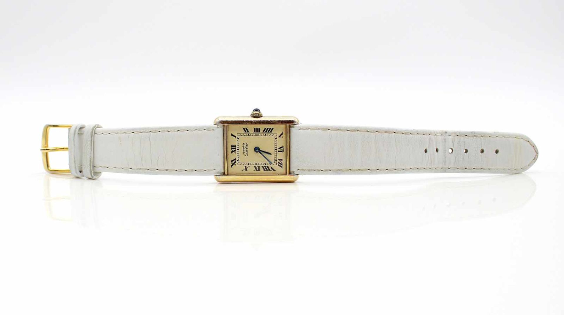 Wrist watch Cartier Tank 1615, Silver-gilt with sapphire cabochon, No. CC 121044 with a white - Bild 2 aus 5