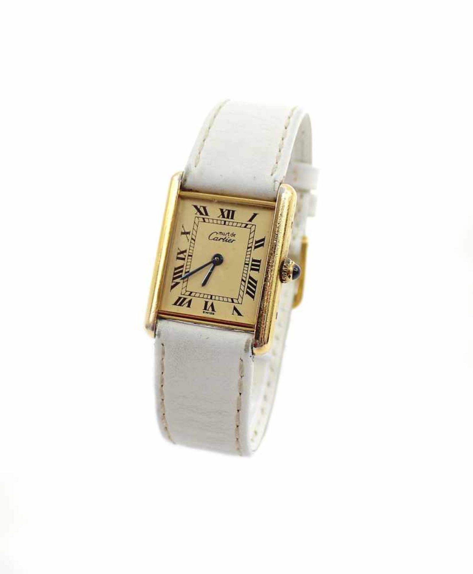 Wrist watch Cartier Tank 1615, Silver-gilt with sapphire cabochon, No. CC 121044 with a white