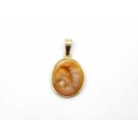 Pendant tested for 585 gold, the stone is probably part of a snail shell,Weight 2.3 g, dimensions