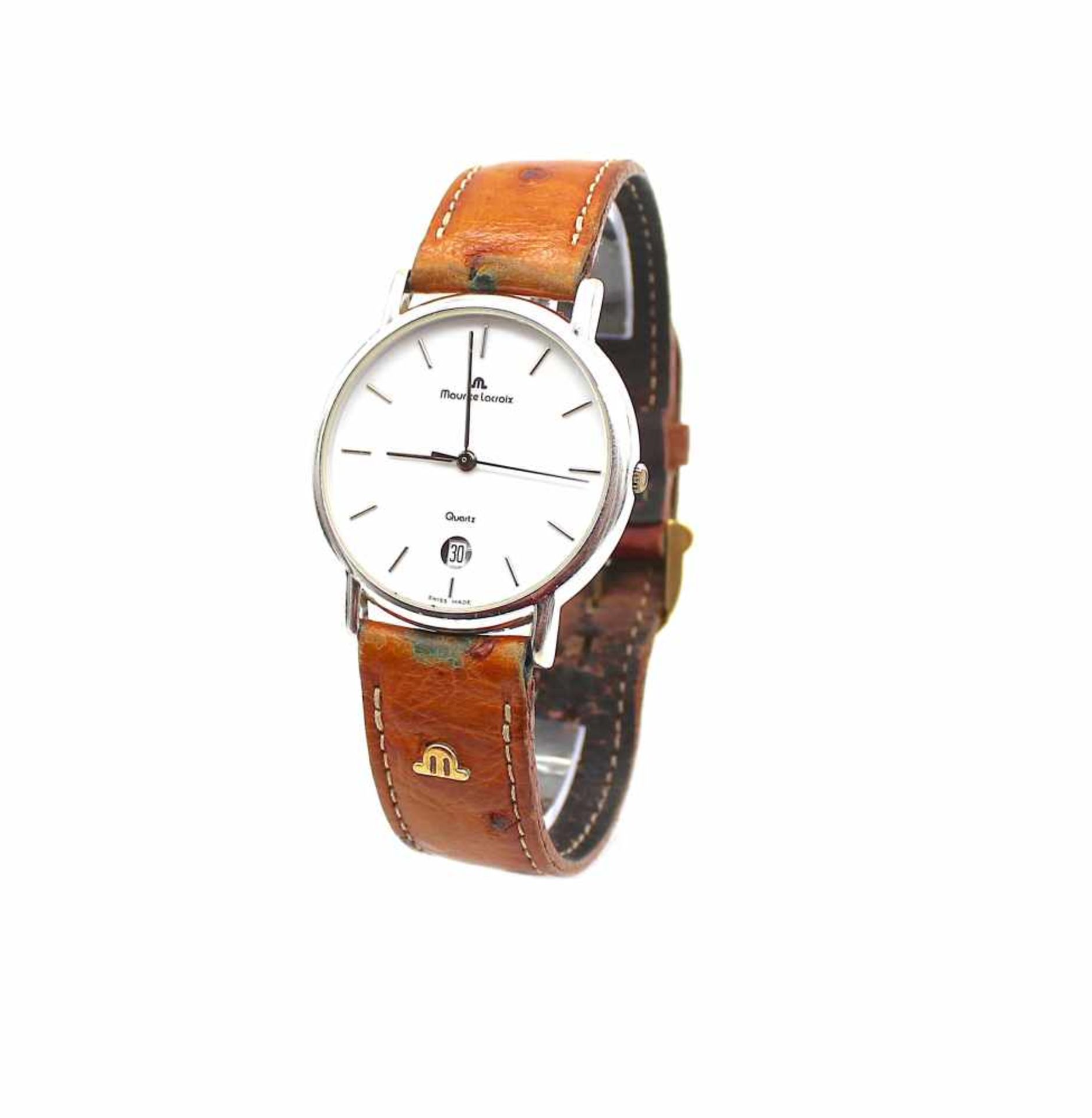 Watch steel by Maurice Lacroix with a leather strap. The clock is passable.diameter 35,5 mm