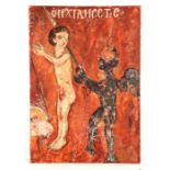 A Byzantine fresco style painting on board depicting a devil torturing a soul, 35 by 50cms (13.75 by