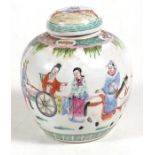 A 19th century Chinese famille rose ginger jar decorated with figures in a landscape, 17.5cms (7ins)