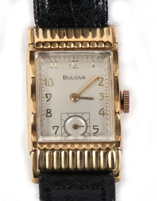 A gentleman's 14ct gold filled Bulova wrist watch with Arabic numerals and subsidiary seconds