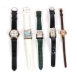 A group of five gentleman's wrist watches; together with two metal watch straps.