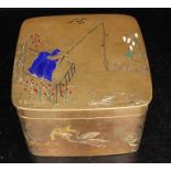 A Victorian enamelled gilt brass jewellery box with engraved fishing scene to the top, with velvet
