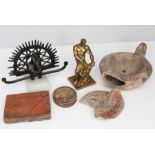 A group of pottery and bronze artefacts, to include a bronze figure of Hercules and the Nemean lion,