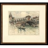 J Wolf - two coloured etchings depicting Venetian Scenes - St Mark's Square and Rialto Bridge -