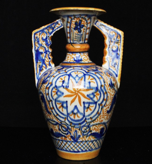 A Hispano Moresque Alhambra style two-handled vase, 19cms (7.5ins) high.