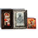 A silk & beadwork Polish icon; together with two painted wooden icons (3).