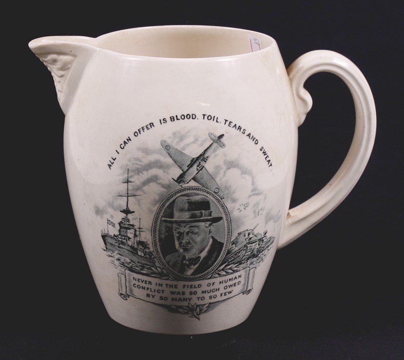 A 1940's Copeland Spode creamware jug decorated with a portrait of Winston Churchill and his - Image 2 of 10