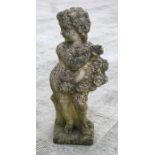 A well weathered concrete garden figure in the form of a young child holding flowers, 80cms (31.