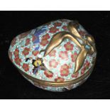 A Chinese cloisonne enamel & gilt brass box in the form of a peach, decorated with flowers &