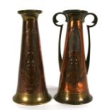 Two Beldray copper & brass Art Nouveau vases, 31cms (12.25ins) high.