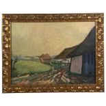 Manner of Pissarro, French Impressionist school - Farm with Haystacks - oil on board, framed, 73