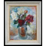 Helen Kiddall - Still Life of Roses in a Vase - initialled lower left, oil on board, framed, 27 by