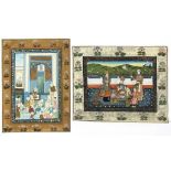 Two Indian Mogul paintings on silk depicting court scenes, unframed, 22 by 31cms (8.5 by 12.25ins)