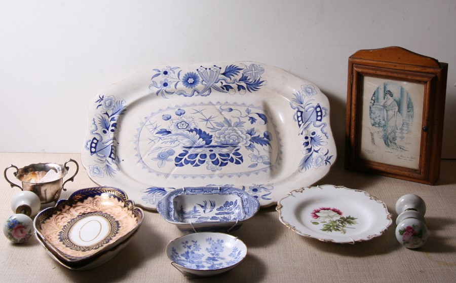 A Victorian blue & white meat plate; together with a pair of Staffordshire dogs; two stoneware