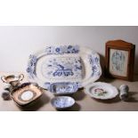 A Victorian blue & white meat plate; together with a pair of Staffordshire dogs; two stoneware