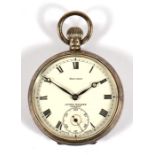 A silver cased open faced pocket watch, the white enamel dial with Roman numerals and subsidiary